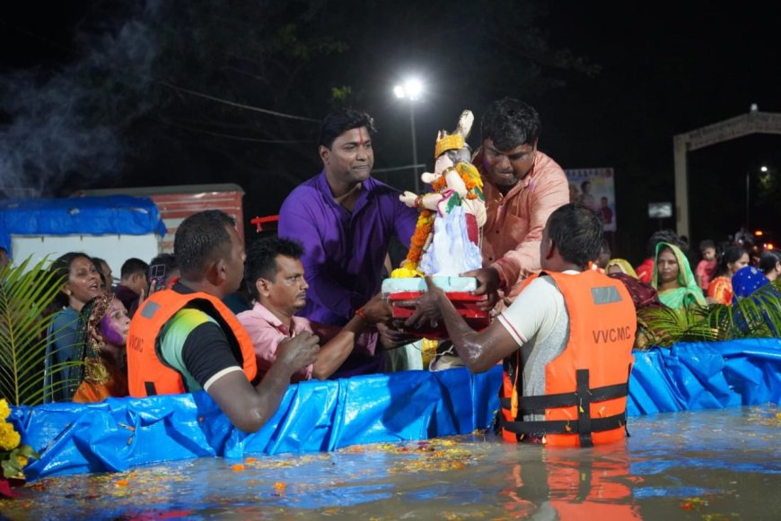 वसई-विरारमध्ये पाच दिवसीय गणपतीचे भावपूर्ण विसर्जन:६६ टक्के विसर्जन महापालिकेच्या कृत्रिम तलावात